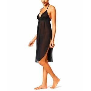 Linea Donatella Juliet Lace-Trimmed Chiffon Midi Nightgown (Black, XL) (X-Large)
